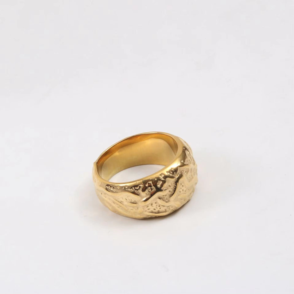 FANJIN Jewelry Wholesale 18K Gold Plated Band Meteor Crater Chunky Stainless Steel Rings for Women Statement Rings