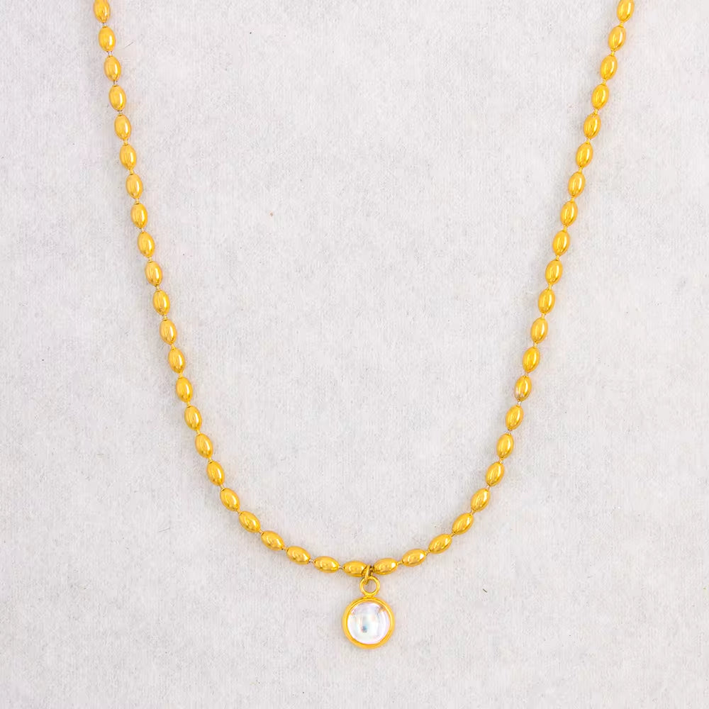 Delicate Stainless Steel Colorful Oval Bead Chain Jade Bead Pendant Necklace Vintage Stone Choker Gift for Lovers