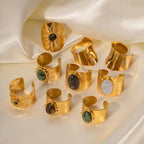 Smooth Gold Plated Full Zirconia Open Ring Stainless Steel Tiger Eye Turquoise Stone Stacking Rings Jewelry Girls