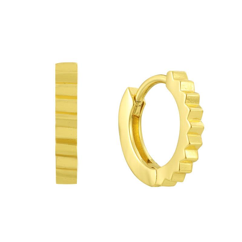 Gold hoop earrings with a textured design on a white background