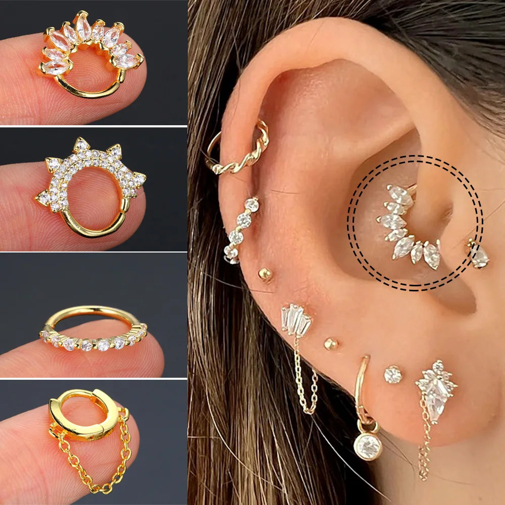 Gold and crystal ear cuff displayed on an ear with close-up views of the earring.